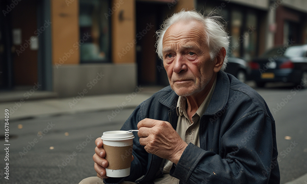 Reflective Elderly Man Holding a Coffee Cup on a City Street Reflective Elderly Man Holding a Coffee Cup on a City Street