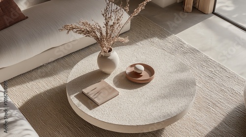Round coffee table with vase and book in living room.