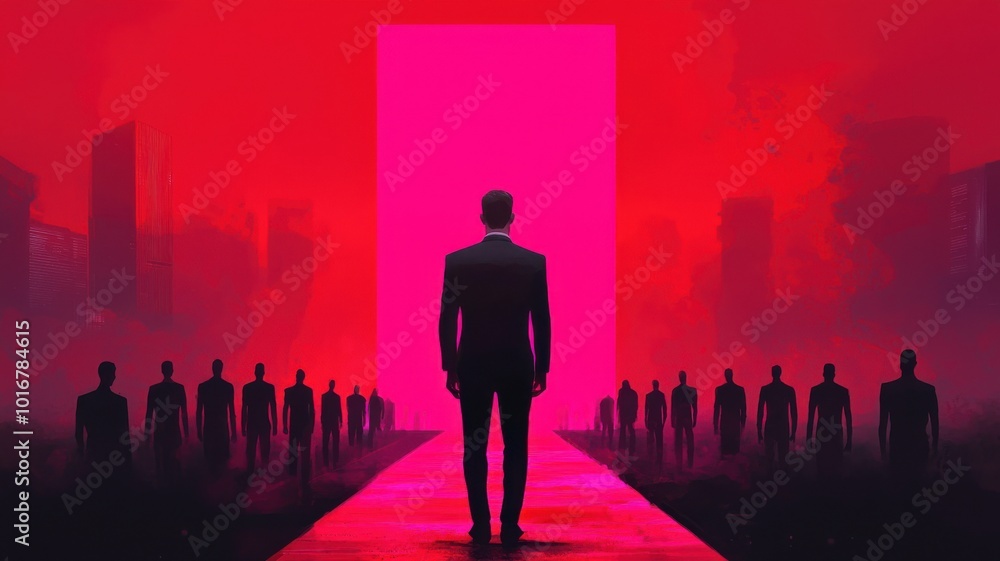 A mysterious figure stands before a glowing pink portal, surrounded by shadowy silhouettes in a dramatic red haze. A mysterious figure stands before a glowing pink portal, surrounded by shadowy silhouettes in a dramatic red haze.