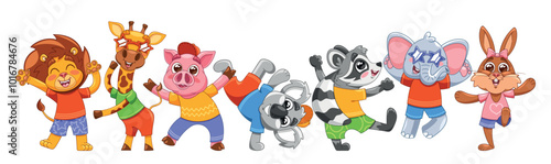 Colorful Cartoon Animals Happily Dancing Together In Fun And Festive Attire. Lively Vector Scene Includes A Lion, Pig
