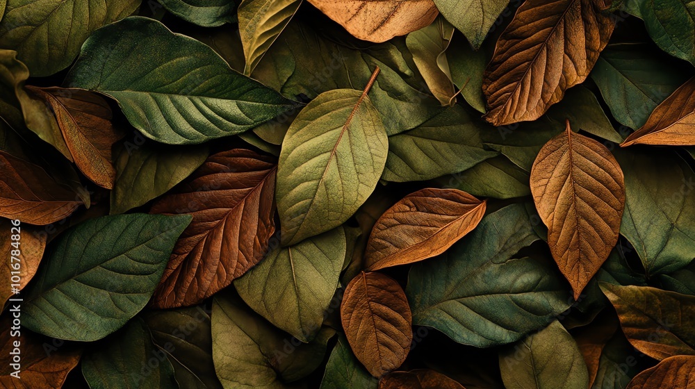Autumn leaves in various shades of green, brown, and orange.