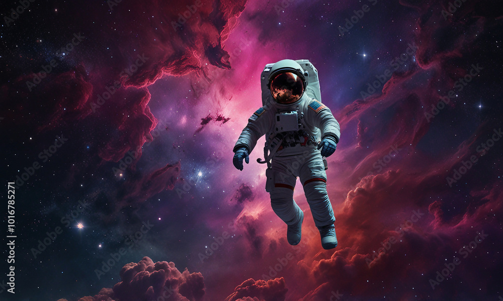 Obraz premium Astronaut Gliding Through a Vivid Cosmic Scene Filled with Colorful Nebulae and Distant Stars
