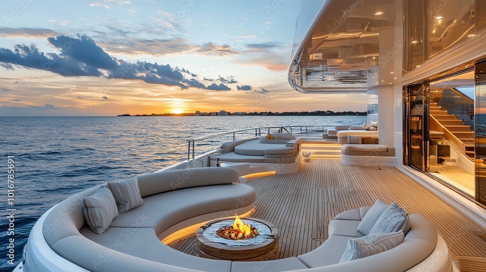 Fototapeta premium Luxury yacht deck with fire pit at sunset.
