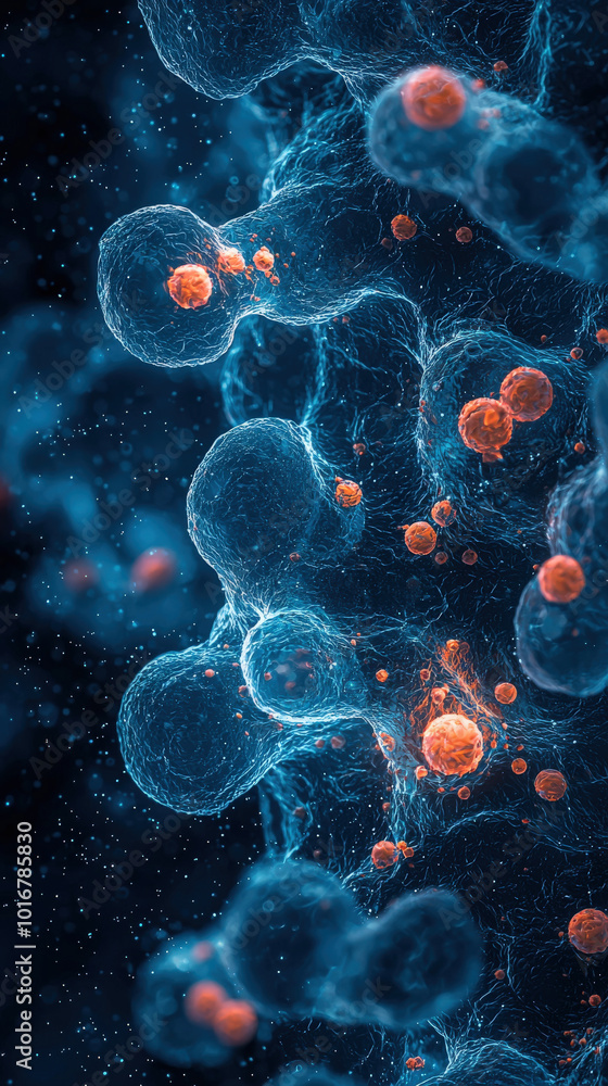 Microscopic view of macrophages engulfing debris from dead cells, showcasing intricate cellular structures and vibrant colors. This highlights dynamic processes of cellular activity and immune Microscopic view of macrophages engulfing debris from dead cells, showcasing intricate cellular structures and vibrant colors. This highlights dynamic processes of cellular activity and immune