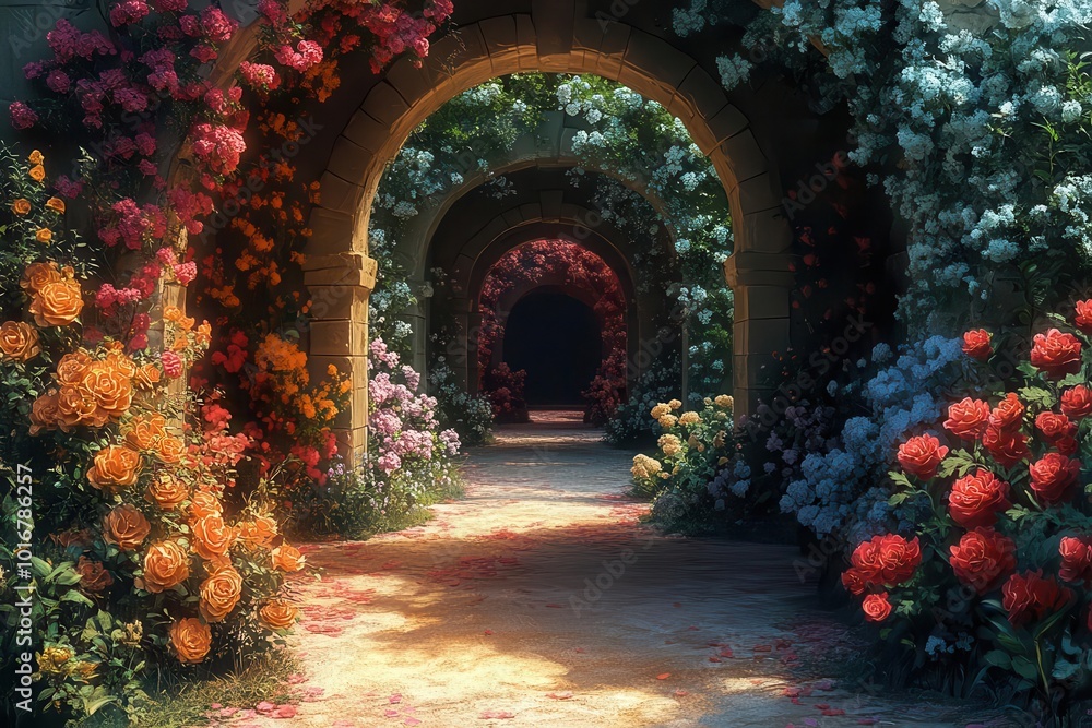 enchanting digital painting of a secret fairytale garden filled with vibrant flowers and lush greenery featuring whimsical arches that invite exploration and wonder enchanting digital painting of a secret fairytale garden filled with vibrant flowers and lush greenery featuring whimsical arches that invite exploration and wonder