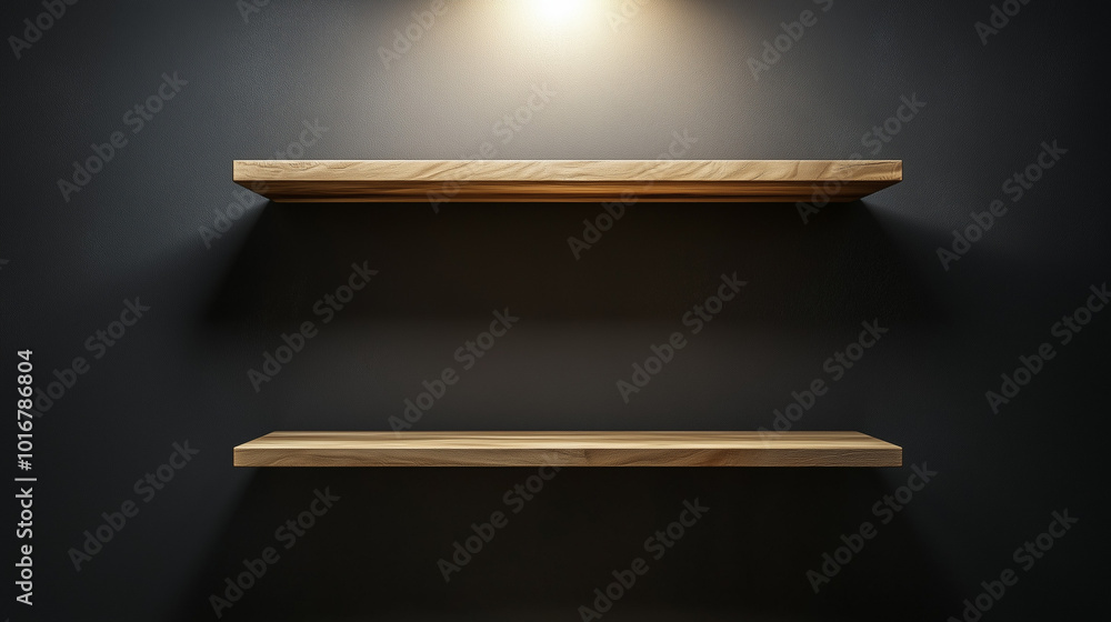 Minimalist floating wooden shelves, mounted on dark gray walls, soft ...