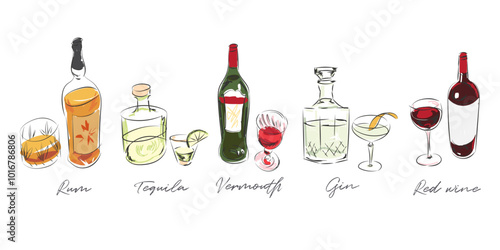 Line art drawings of liquor bottles, doodle style illustration, graphic decorative elements