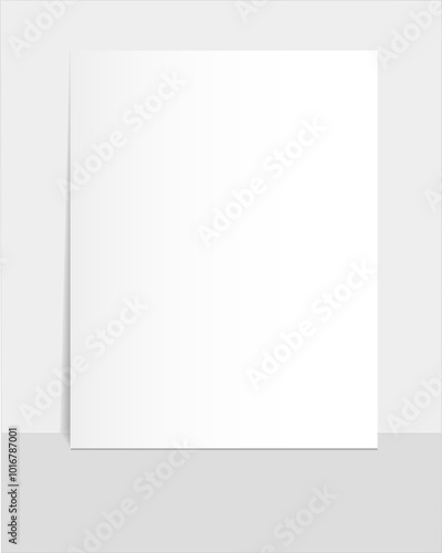 Mockup of a white sheet of paper standing against a wall at a slight angle with realistic shadows. Template for your design. Vector illustration.