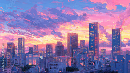 vibrant cityscape at sunset showcases towering skyscrapers illuminated by colorful lights against backdrop of dramatic clouds. scene evokes sense of energy and modernity