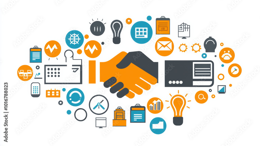 corporate handshake symbolizes collaboration and partnership in modern business environment, surrounded by icons representing renewable energy and innovation corporate handshake symbolizes collaboration and partnership in modern business environment, surrounded by icons representing renewable energy and innovation