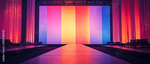 Sleek and modern backdrop design with gradient LED lighting glossy finishes and minimalist aesthetic for high tech fashion display runway show or exhibition event photo