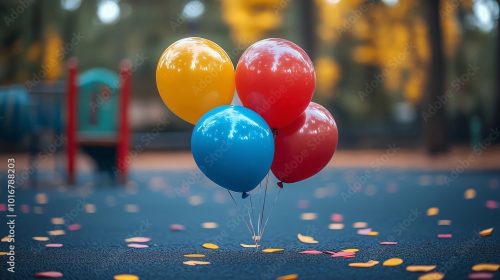 Colorful balloons floating on a playground with confetti on the ground Colorful balloons floating on a playground with confetti on the ground