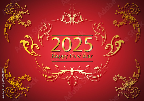 Felicitación de año nuevo, navidad y 2025 dorado sobre rojo