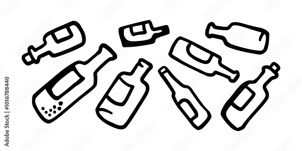 A minimalist black and white line art illustration featuring an abstract arrangement of various hand-drawn bottles in different shapes and sizes A minimalist black and white line art illustration featuring an abstract arrangement of various hand-drawn bottles in different shapes and sizes
