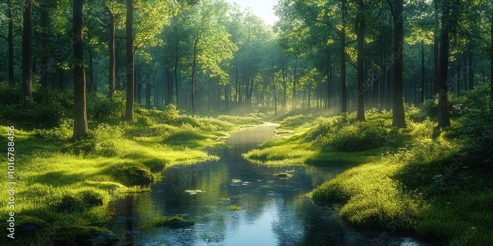 Fototapeta premium Sunlit Stream in a Tranquil Forest