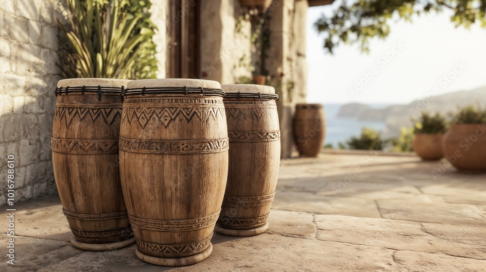 Large African Dunun Drums with Leather Straps and Detailed Carvings, Set in an Open Outdoor Space Large African Dunun Drums with Leather Straps and Detailed Carvings, Set in an Open Outdoor Space