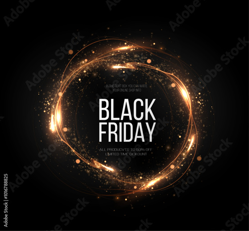 Black Friday Super Sale. Realistic golden luminous round frame. Discount banner for the holidays. PNG. Light golden Twirl. Curve light effect of golden line. Luminous golden circle.