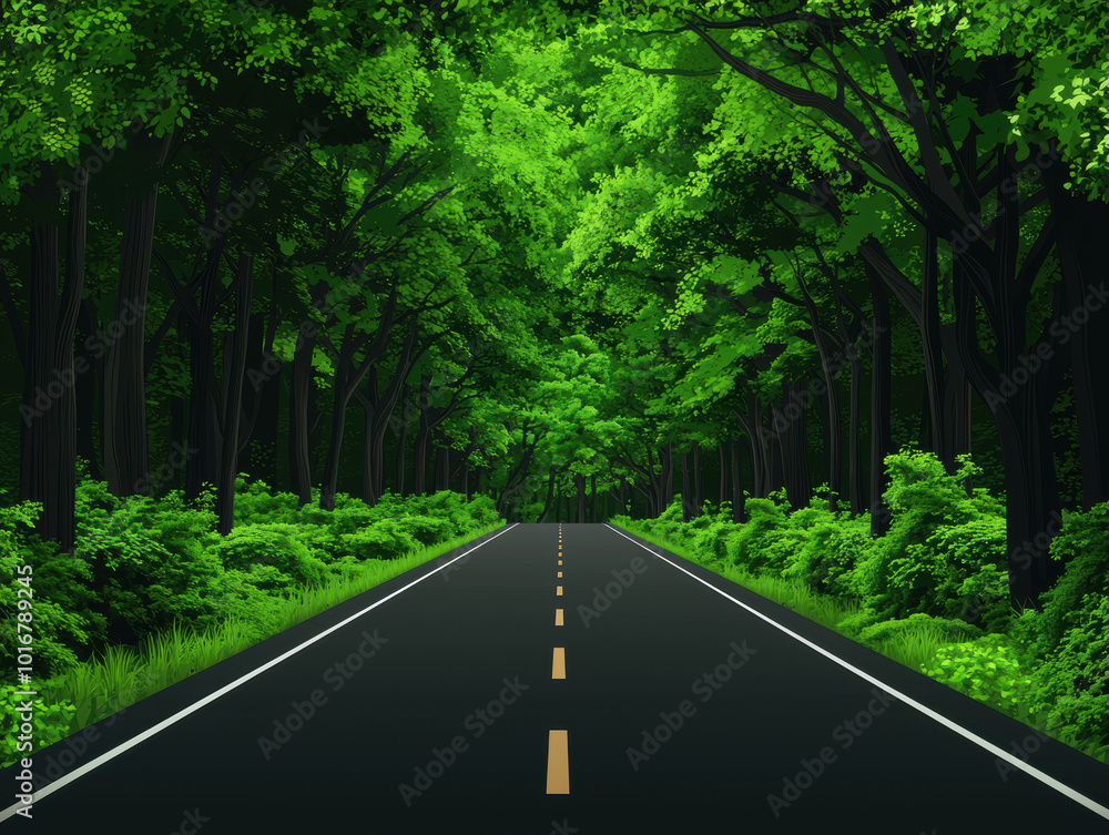 Fototapeta premium serene road surrounded by lush green trees leads to bright future, inviting exploration and adventure. vibrant foliage creates peaceful atmosphere