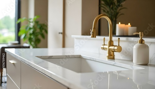 elegant kitchen sink with marble countertop and gold faucet