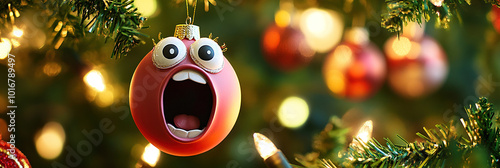 Lustige und witzige singende Weihnachtskugel mit offenen Mund an einem Christbaum zu Weihnachten