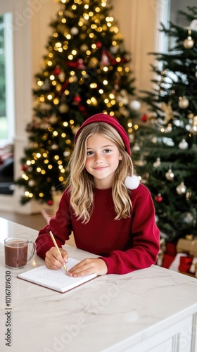 A cheerful girl in a Santa hat sits at a table, writing her holiday wish list. She enjoys a warm cup of coffee in a cozy house adorned for Christmas, dreaming about festive gifts