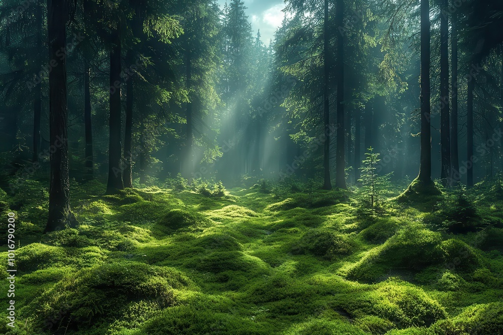 Obraz premium enchanting scandinavian forest scene towering evergreens draped in lush vibrant green moss misty atmosphere and dappled sunlight create a magical fairytalelike woodland setting