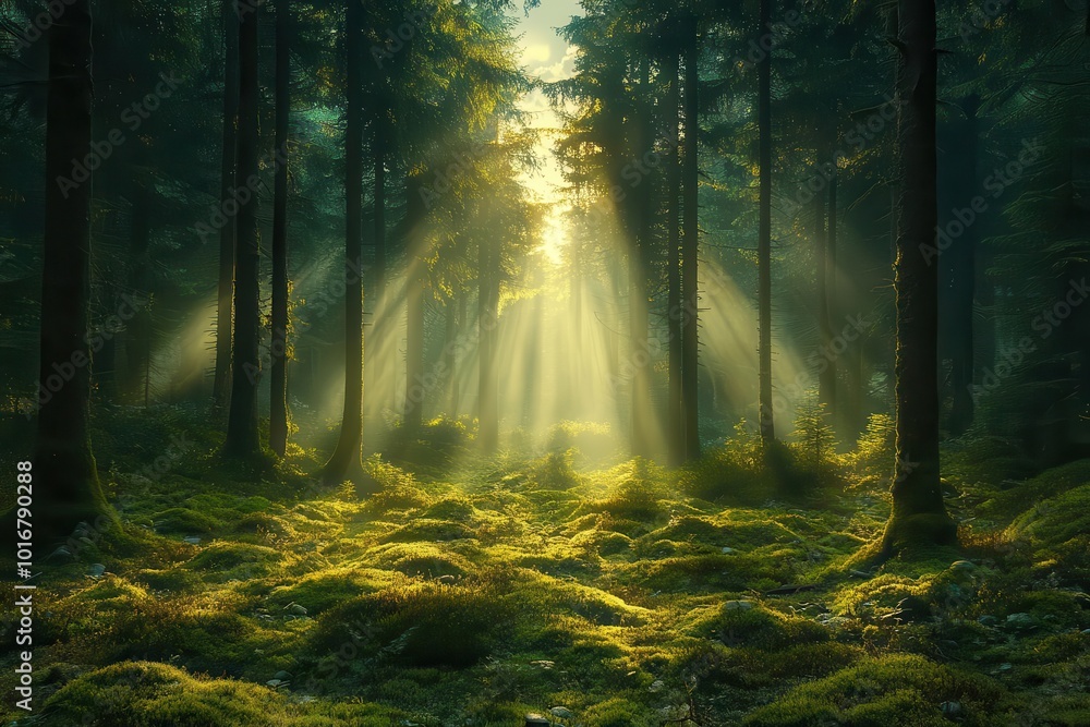 Obraz premium enchanting scandinavian forest scene towering evergreens draped in lush vibrant green moss misty atmosphere and dappled sunlight create a magical fairytalelike woodland setting