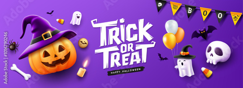 Happy Halloween, trick or treat text, pumpkin hat smile, balloons, Ghost holding a balloon, bat flying, banner design on purple background, Eps 10 vector illustration