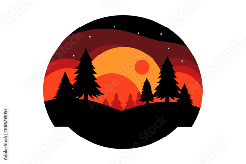 Sunset with magical forest of minimal illustration