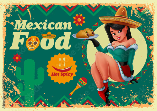 mexican girl mascot with taco food retro banner