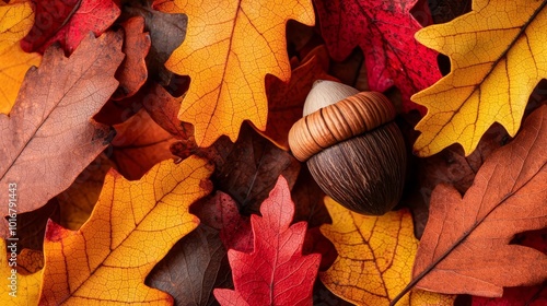 Macro shot of an acorn halfburied in a sea of multicolored autumn leaves, intricate details and warm tones representing the change of seasons, nature closeup, fall textures photo