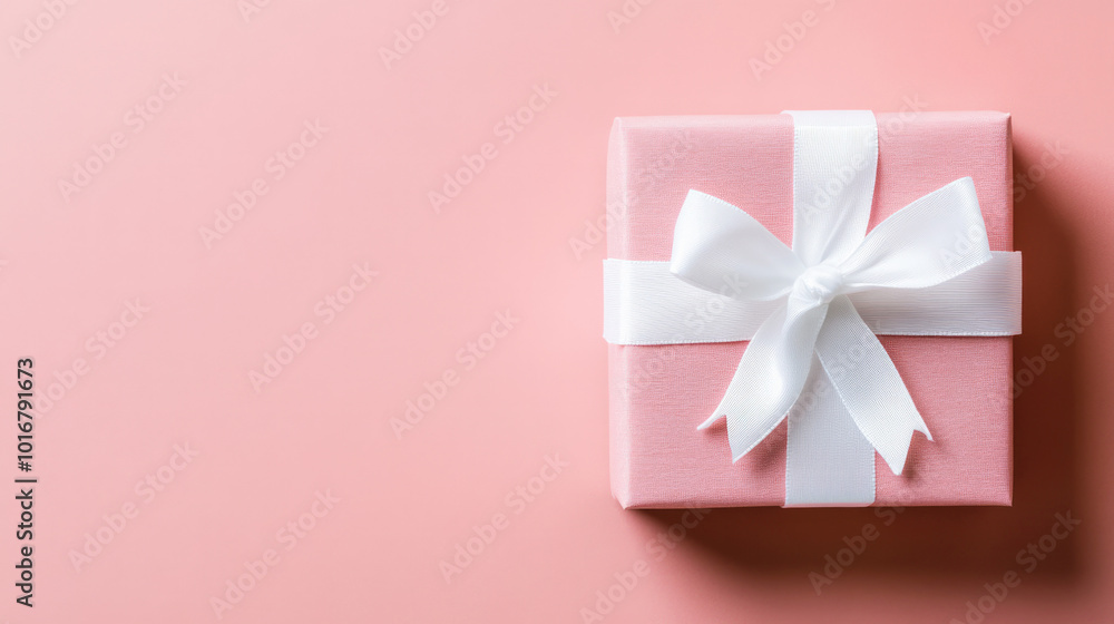 Pastel Pink Gift Box with White Ribbon on Pink Background, Minimal Christmas Present Concept, Copy Space Pastel Pink Gift Box with White Ribbon on Pink Background, Minimal Christmas Present Concept, Copy Space
