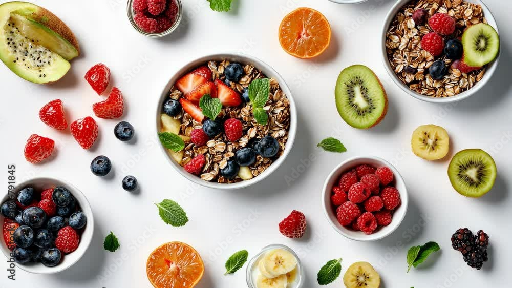 A bowl of granola topped with strawberries, raspberries, and blueberries sits on a white surface surrounded by fresh fruit A bowl of granola topped with strawberries, raspberries, and blueberries sits on a white surface surrounded by fresh fruit