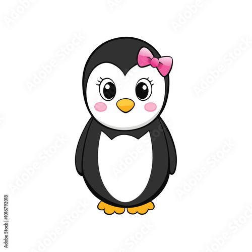 Cute Cartoon Penguin Character with Pink Bow vector illustration.