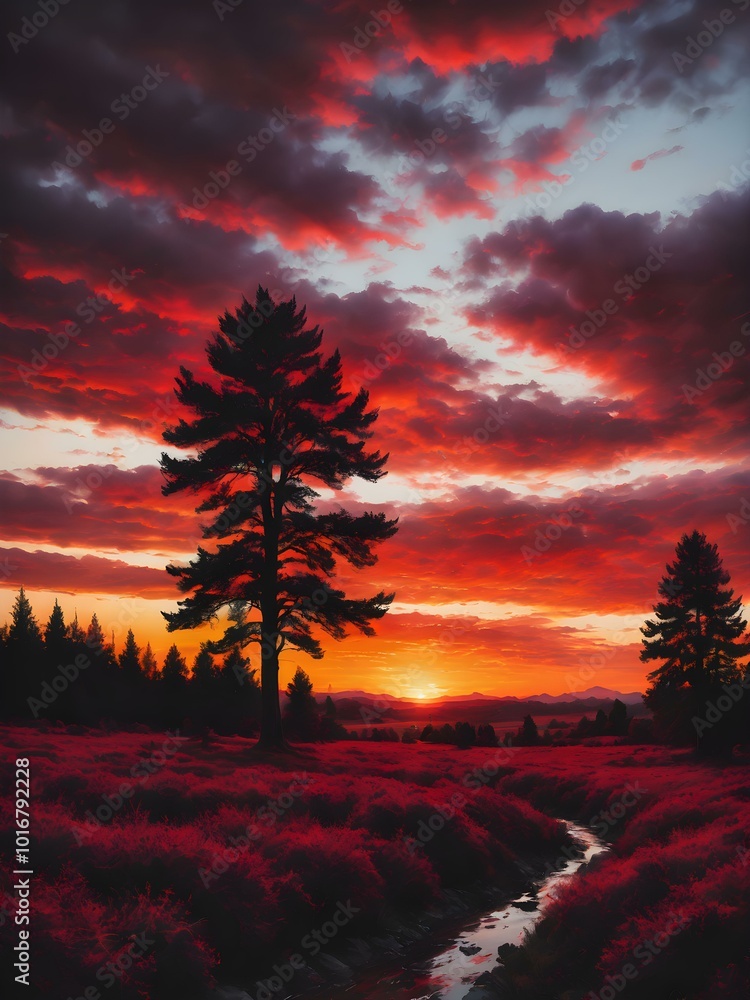Obraz premium A bold, fiery sunset sky with deep crimson red hues dominating the horizon, with silhouetted trees and the last light of the day fading 