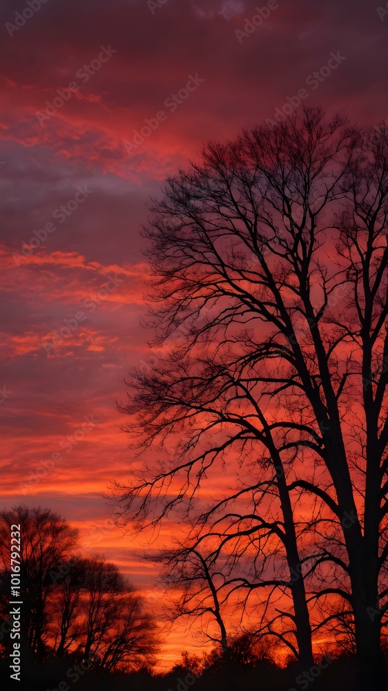 A bold, fiery sunset sky with deep crimson red hues dominating the horizon, with silhouetted trees and the last light of the day fading
A bold, fiery sunset sky with deep crimson red hues dominating the horizon, with silhouetted trees and the last light of the day fading