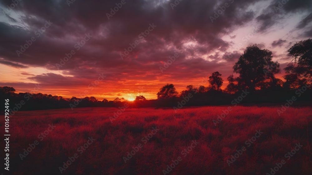 A bold, fiery sunset sky with deep crimson red hues dominating the horizon, with silhouetted trees and the last light of the day fading
A bold, fiery sunset sky with deep crimson red hues dominating the horizon, with silhouetted trees and the last light of the day fading