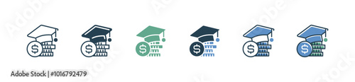 graduation cap with coin stack icon set university cost scholarship tuition study financial vector illustration