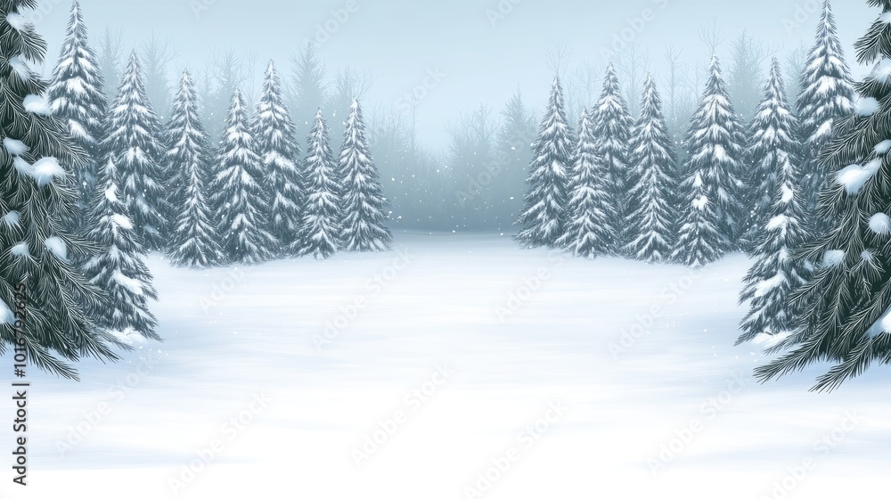 Explore a peaceful winter wonderland, featuring tall pine trees blanketed in snow, a winding path, and soft morning light filtering through a misty, blue sky Explore a peaceful winter wonderland, featuring tall pine trees blanketed in snow, a winding path, and soft morning light filtering through a misty, blue sky