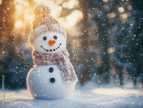 playful snowman with charming expression, handknit scarf and hat, snowy pine forest backdrop, soft falling snowflakes, warm golden light peeking through trees photo