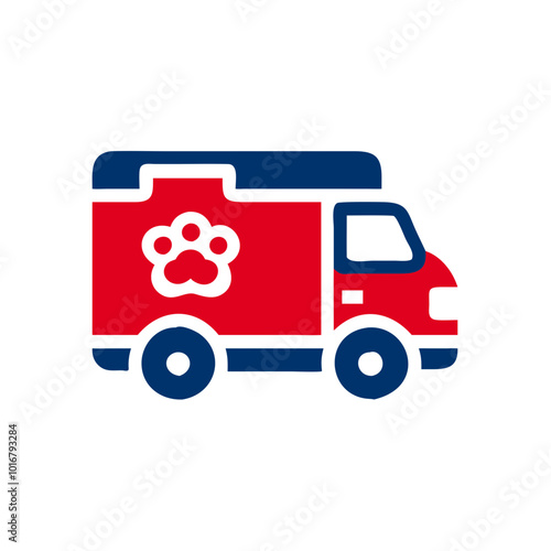 Pet ambulance icon with a paw print in red and blue colors for veterinary emergency services