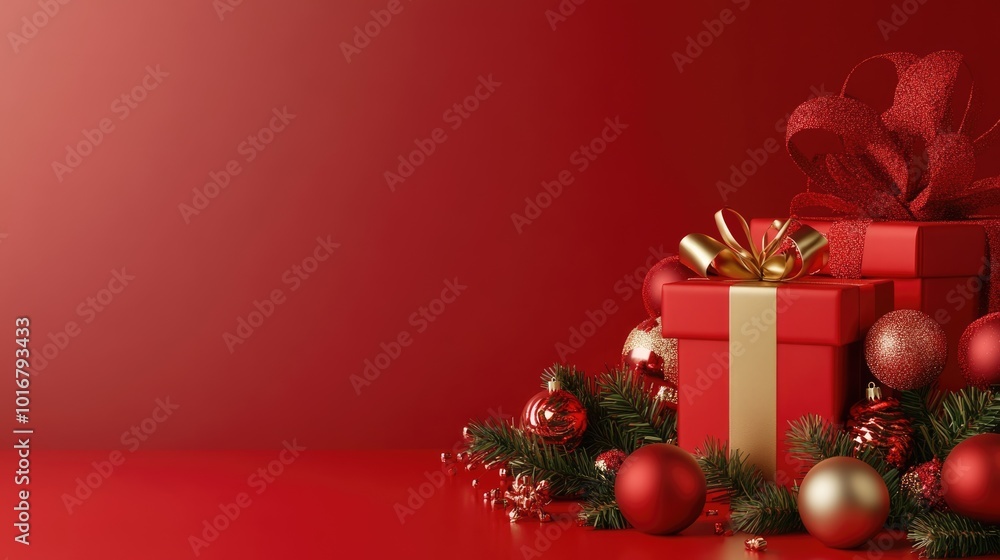 Red background with a red Christmas. Red Christmas decorations, Merry Christmas card. Winter holiday theme. Happy New Year. Red background with a red Christmas. Red Christmas decorations, Merry Christmas card. Winter holiday theme. Happy New Year.