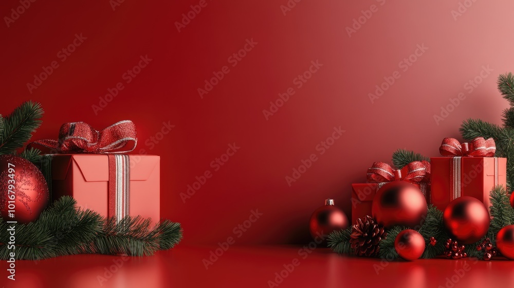 Red background with a red Christmas. Red Christmas decorations, Merry Christmas card. Winter holiday theme. Happy New Year. Red background with a red Christmas. Red Christmas decorations, Merry Christmas card. Winter holiday theme. Happy New Year.