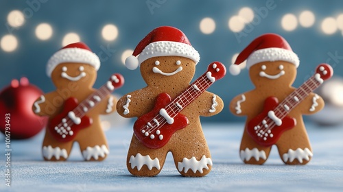 Whimsical gingerbread men band playing guitars, adding a festive touch to Christmas decorations.