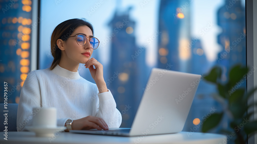 Portrait of young professional woman working on laptop in business office with skyscrapers of corporate district in background symbolizing career growth professional colleague corporate environment Portrait of young professional woman working on laptop in business office with skyscrapers of corporate district in background symbolizing career growth professional colleague corporate environment