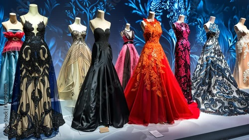 A row of elegant evening gowns on display at a fashion exhibit
