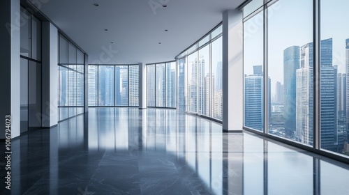 empty ground floor with modern cityscape and office buildings