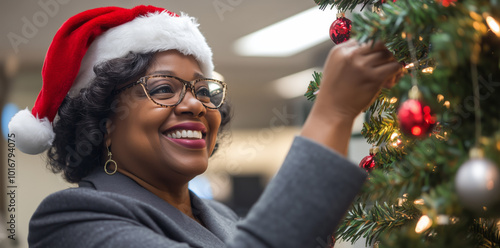 A mature or middle-aged Black woman wearing santa hat and a grey business suit is smiling while decorating a Christmas tree in an office. photo