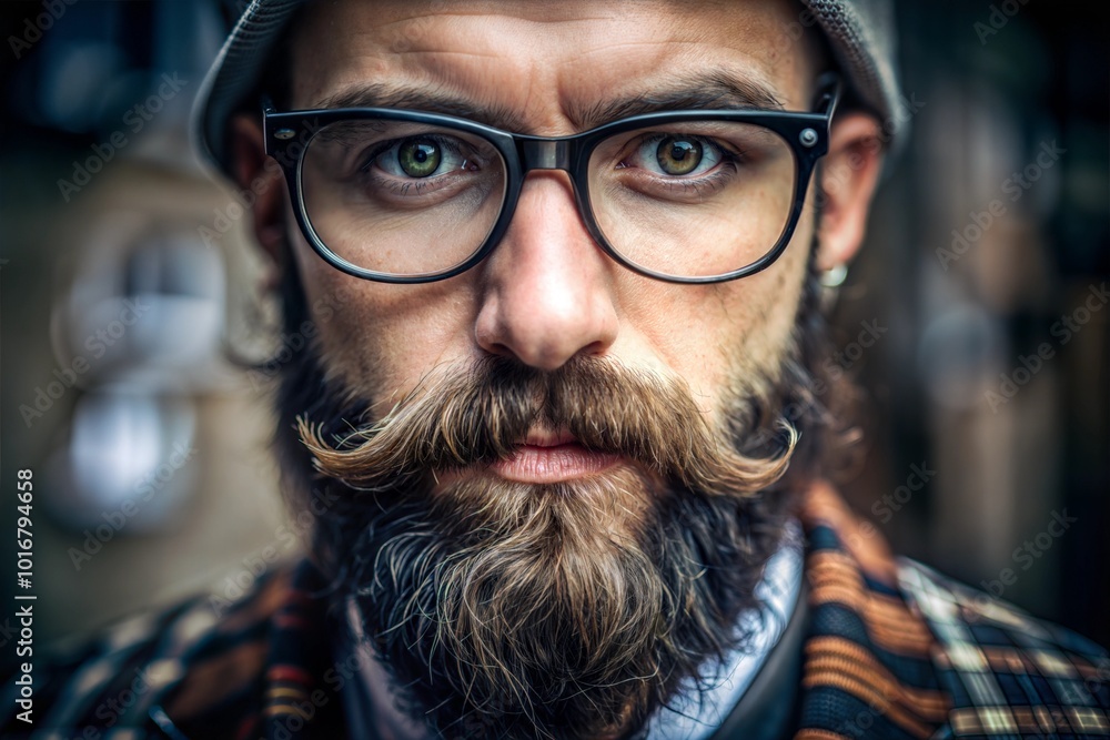 Close-up of bearded man with glasses and hat serious expression Close-up of bearded man with glasses and hat serious expression