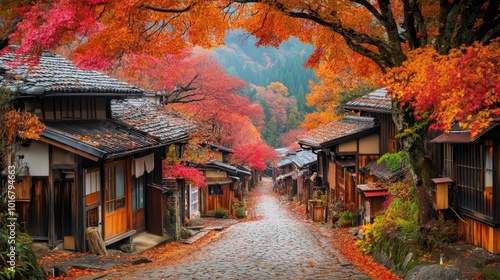 Autumn Foliage Cobblestone Street Japan Traditional Houses